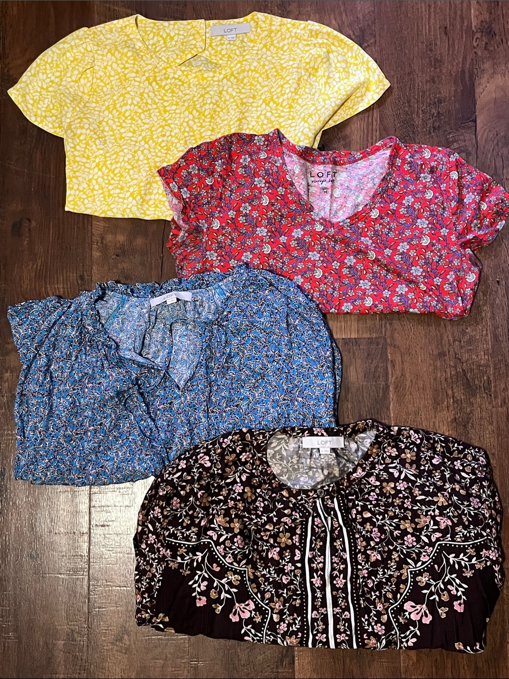 4 LOFT Floral Short-Sleeve Tops Bundle in Yellow, Red, Blue & Brown
